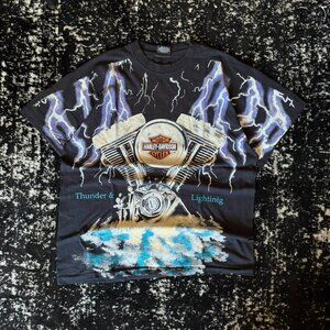 Vintage REPRINT Harley Davidson Thunder & Lightning AOP T Shirt Size XL AOP Rare